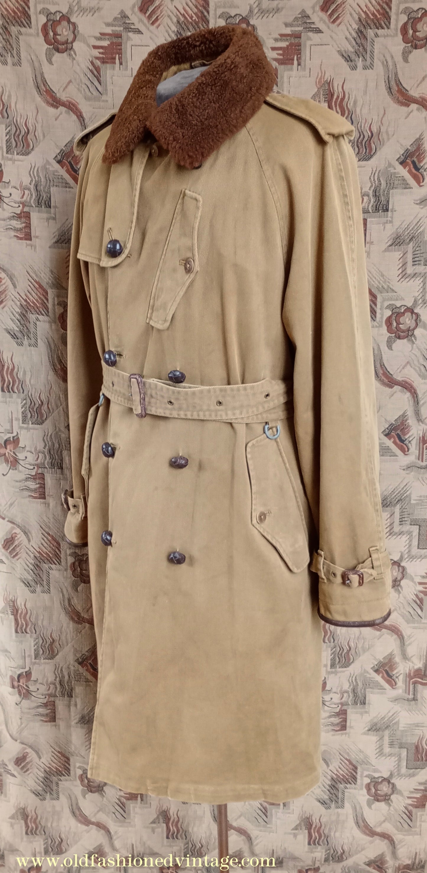 Vintage Mens Polo Ralph Lauren Fur Collar Trench Coat Aviator Motoring WW1 1920s 1930s Style L