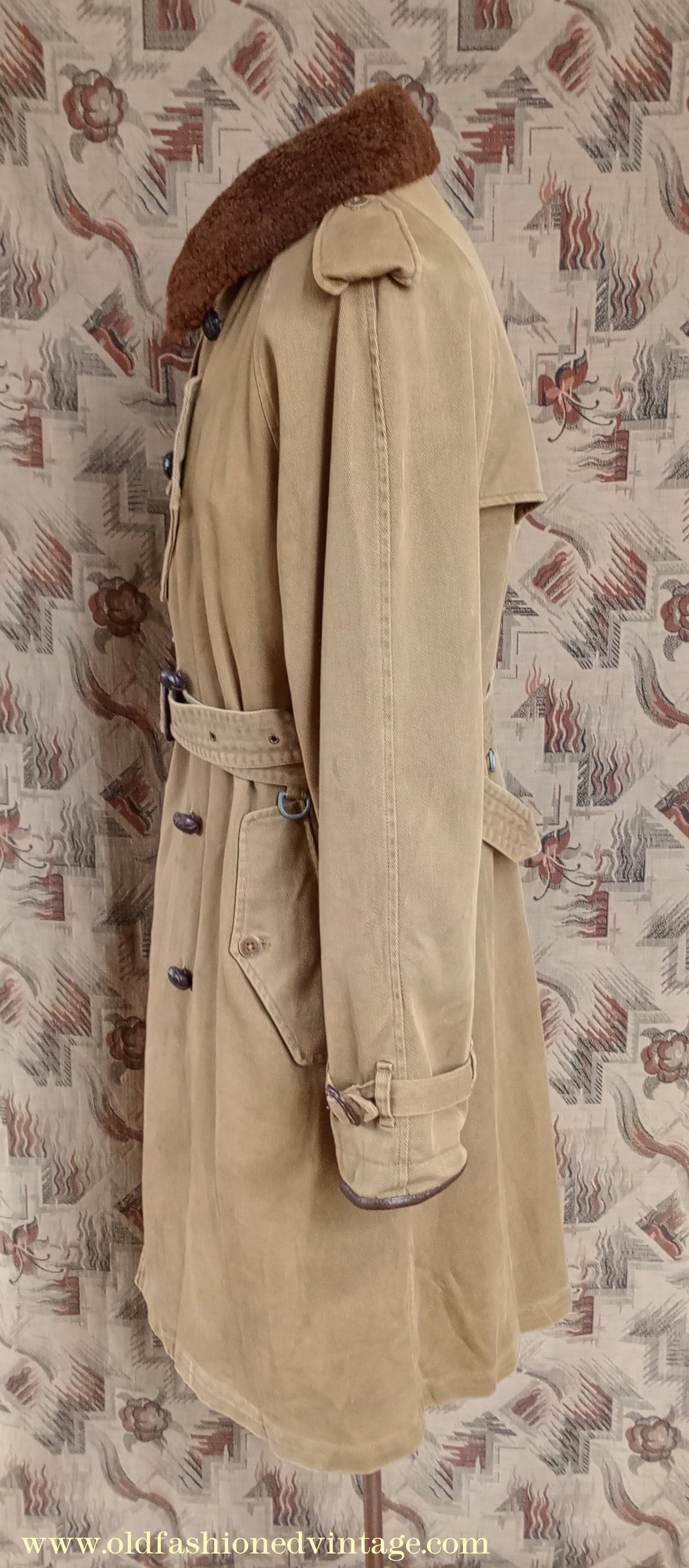 Vintage Mens Polo Ralph Lauren Fur Collar Trench Coat Aviator Motoring WW1 1920s 1930s Style L