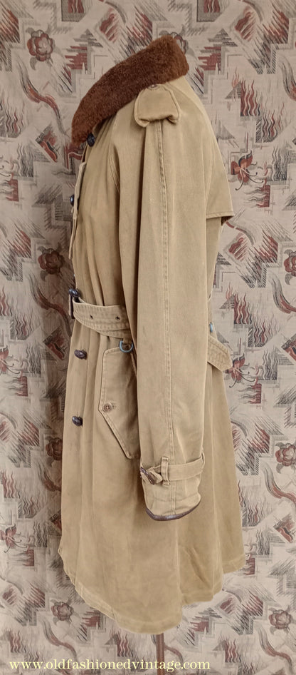 Vintage Mens Polo Ralph Lauren Fur Collar Trench Coat Aviator Motoring WW1 1920s 1930s Style L