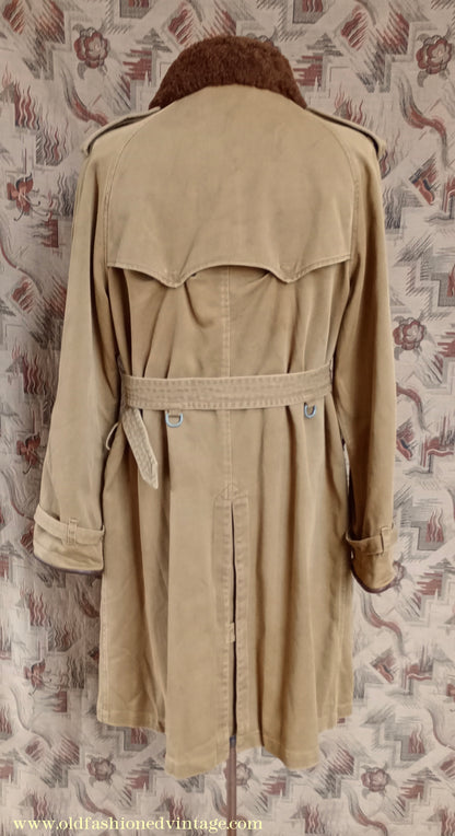 Vintage Mens Polo Ralph Lauren Fur Collar Trench Coat Aviator Motoring WW1 1920s 1930s Style L