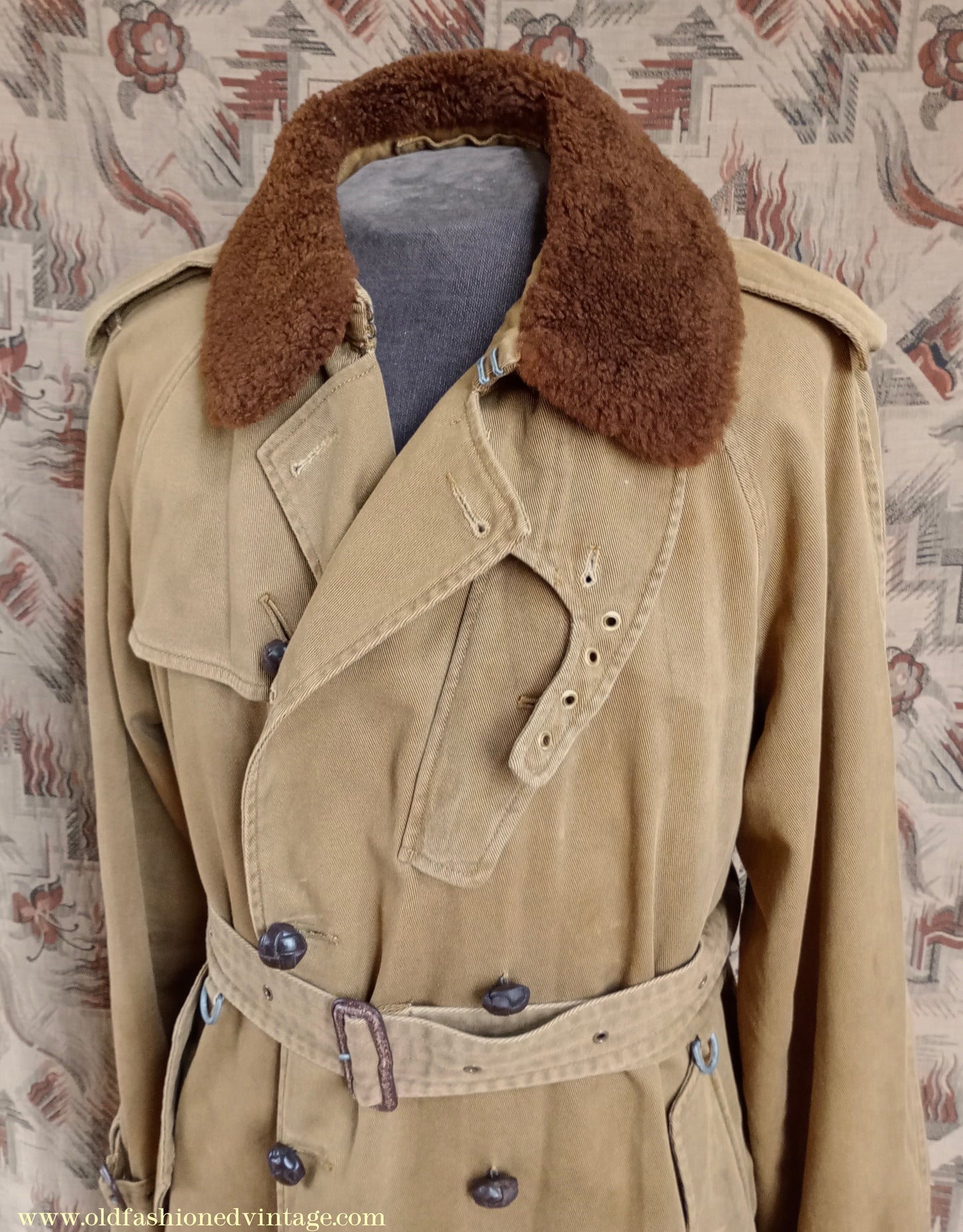 Vintage Mens Polo Ralph Lauren Fur Collar Trench Coat Aviator Motoring WW1 1920s 1930s Style L