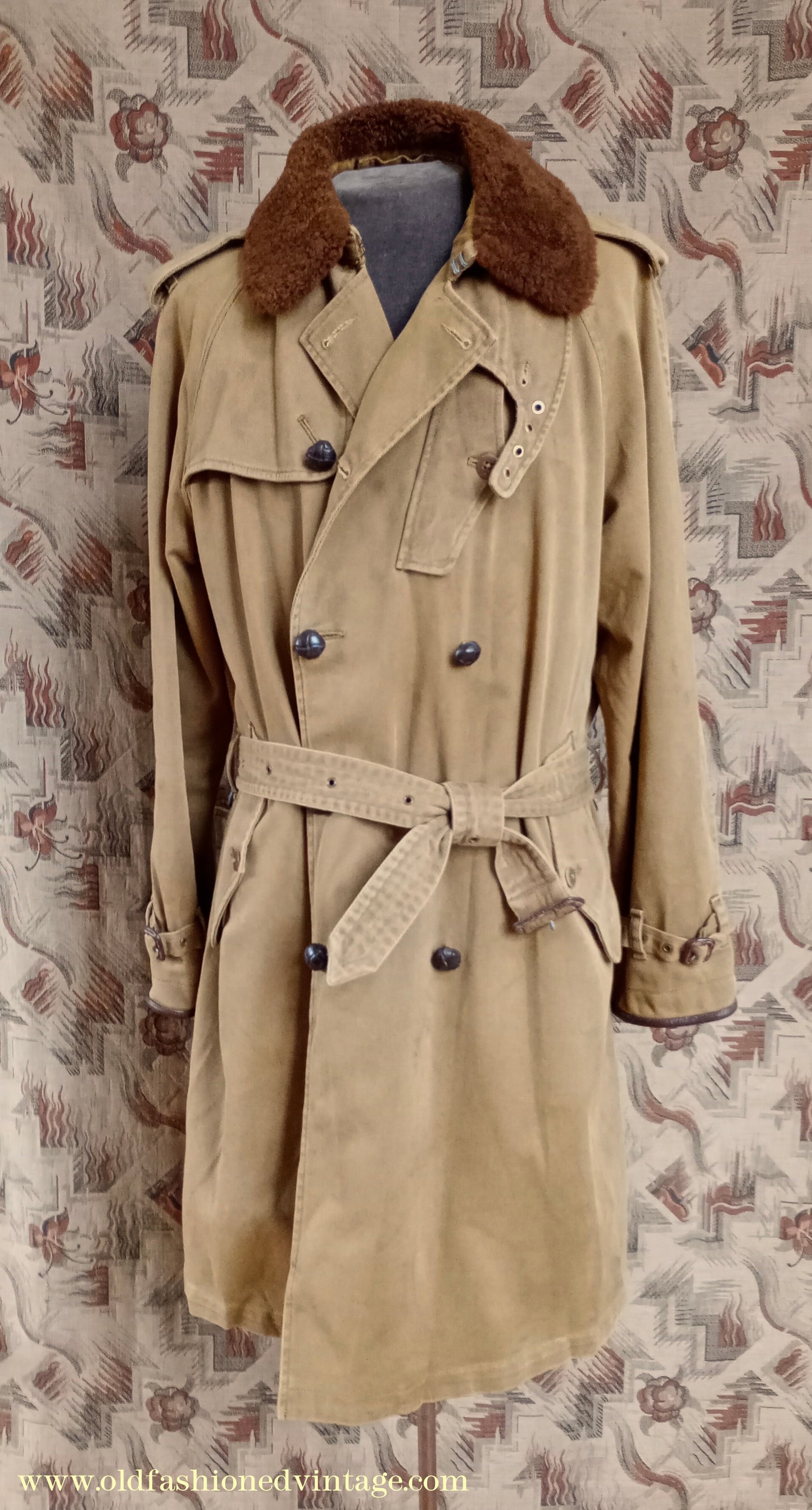Vintage Mens Polo Ralph Lauren Fur Collar Trench Coat Aviator Motoring WW1 1920s 1930s Style L