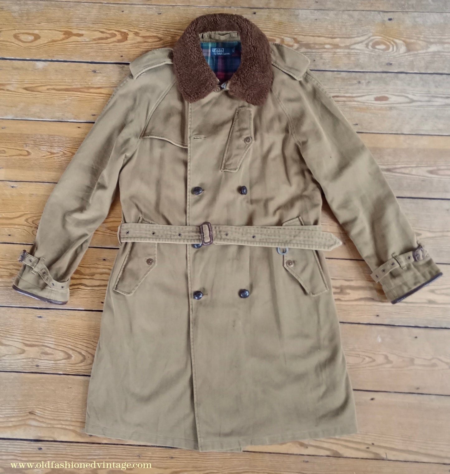 Vintage Mens Polo Ralph Lauren Fur Collar Trench Coat Aviator Motoring WW1 1920s 1930s Style L
