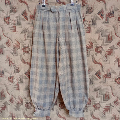 Vintage Mens 1930s 1940s Plus Fours +4s Brown Glen Check Plaid Wool Trousers Breeks Pants 28"