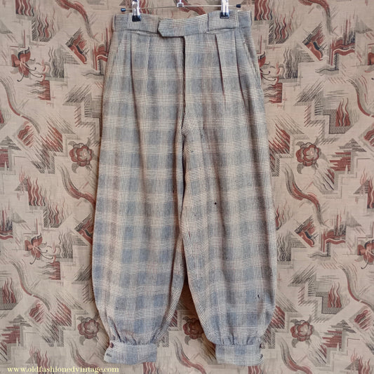 Vintage Mens 1930s 1940s Plus Fours +4s Brown Glen Check Plaid Wool Trousers Breeks Pants 28"
