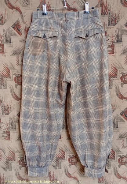 Vintage Mens 1930s 1940s Plus Fours +4s Brown Glen Check Plaid Wool Trousers Breeks Pants 28"