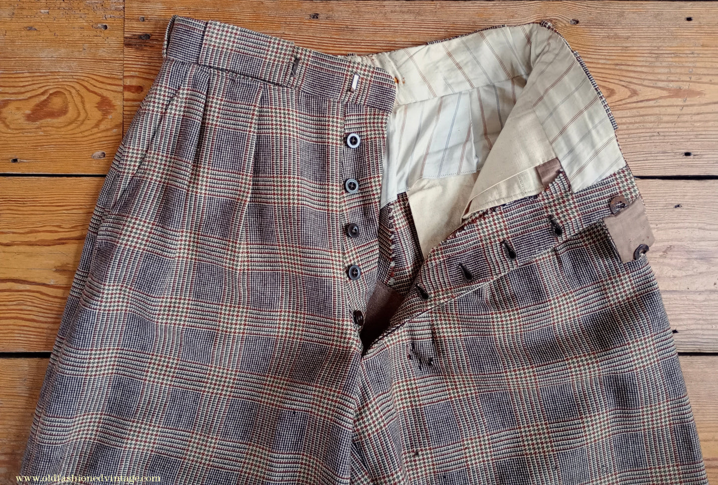 Vintage Mens 1930s 1940s Plus Fours +4s Brown Glen Check Plaid Wool Trousers Breeks Pants 28"