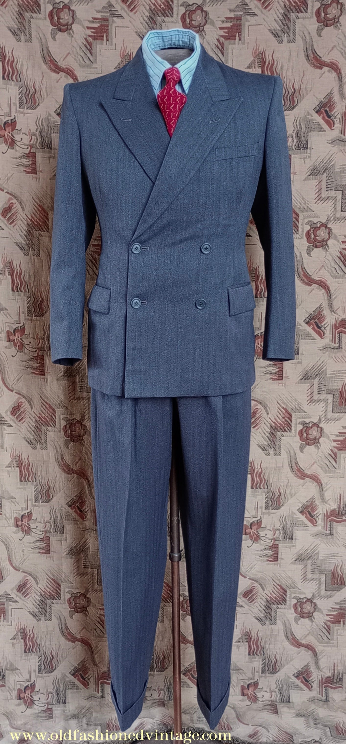 Vintage Mens 1940s 1950s Double Breasted Suit Slate Grey Herringbone Wool 36"