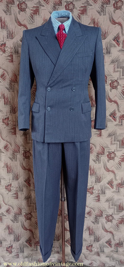 Vintage Mens 1940s 1950s Double Breasted Suit Slate Grey Herringbone Wool 36"