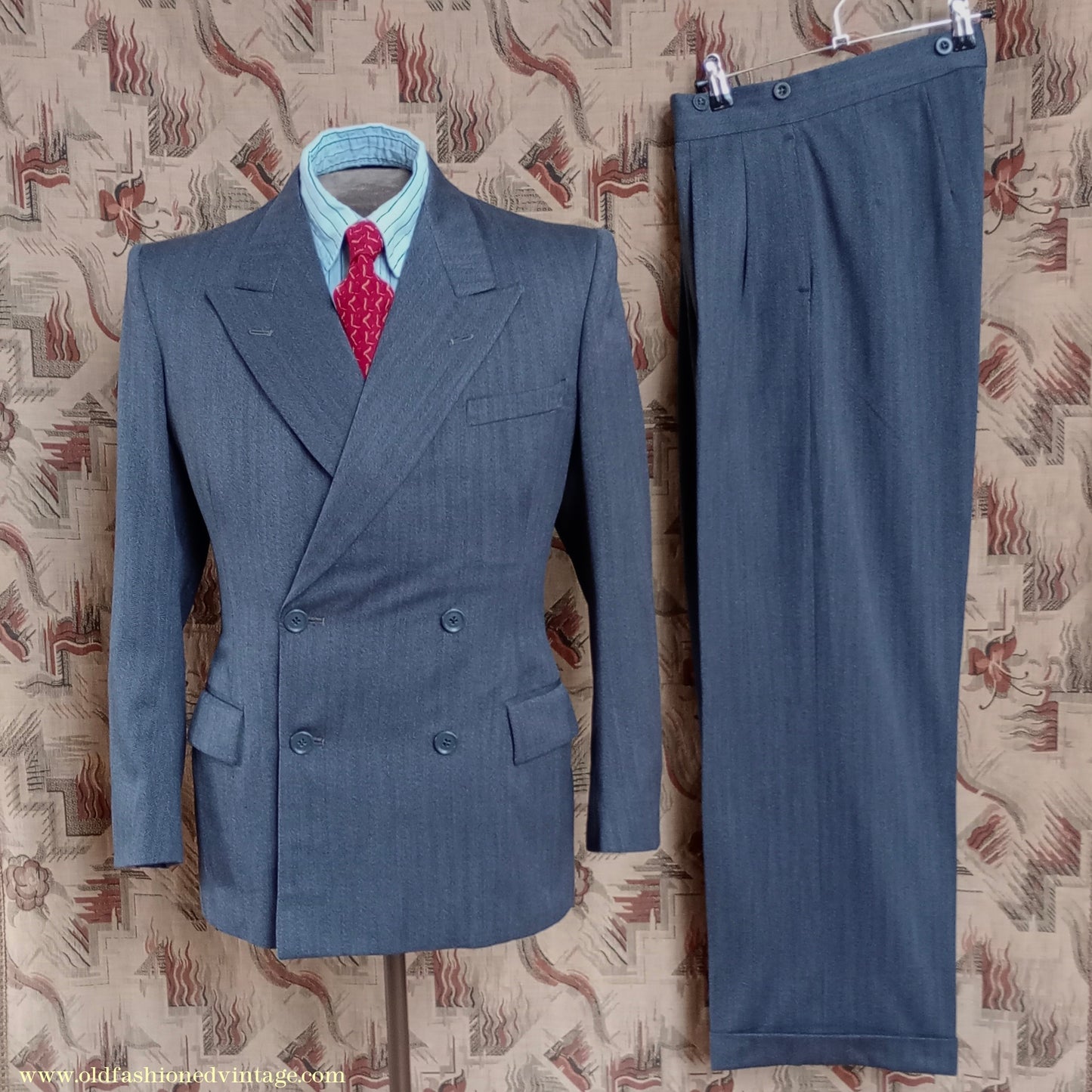 Vintage Mens 1940s 1950s Double Breasted Suit Slate Grey Herringbone Wool 36"