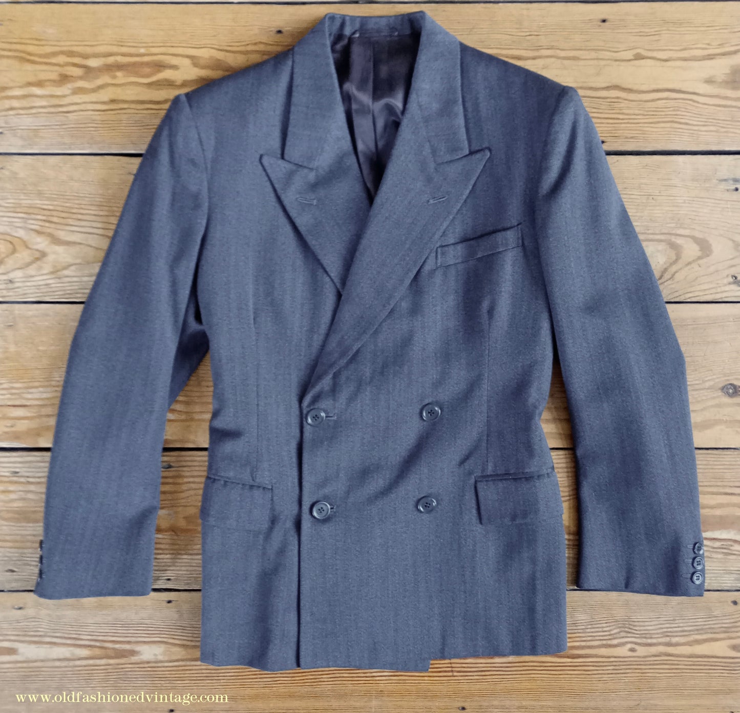 Vintage Mens 1940s 1950s Double Breasted Suit Slate Grey Herringbone Wool 36"