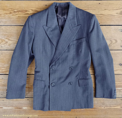 Vintage Mens 1940s 1950s Double Breasted Suit Slate Grey Herringbone Wool 36"