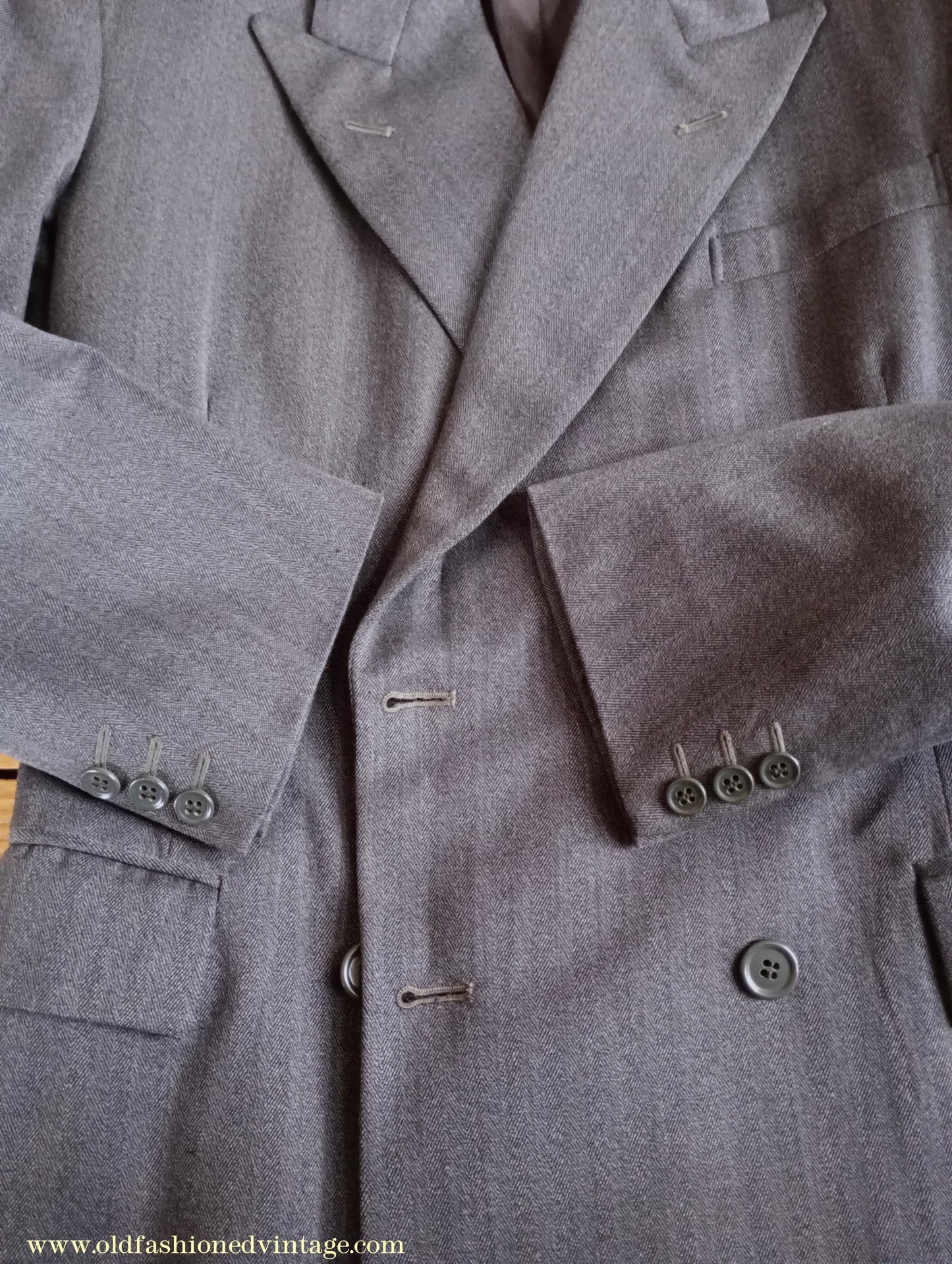 Vintage Mens 1940s 1950s Double Breasted Suit Slate Grey Herringbone Wool 36"