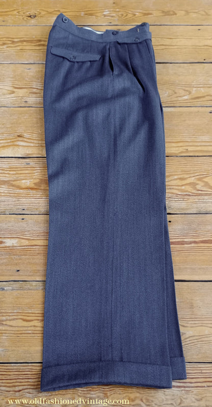 Vintage Mens 1940s 1950s Double Breasted Suit Slate Grey Herringbone Wool 36"