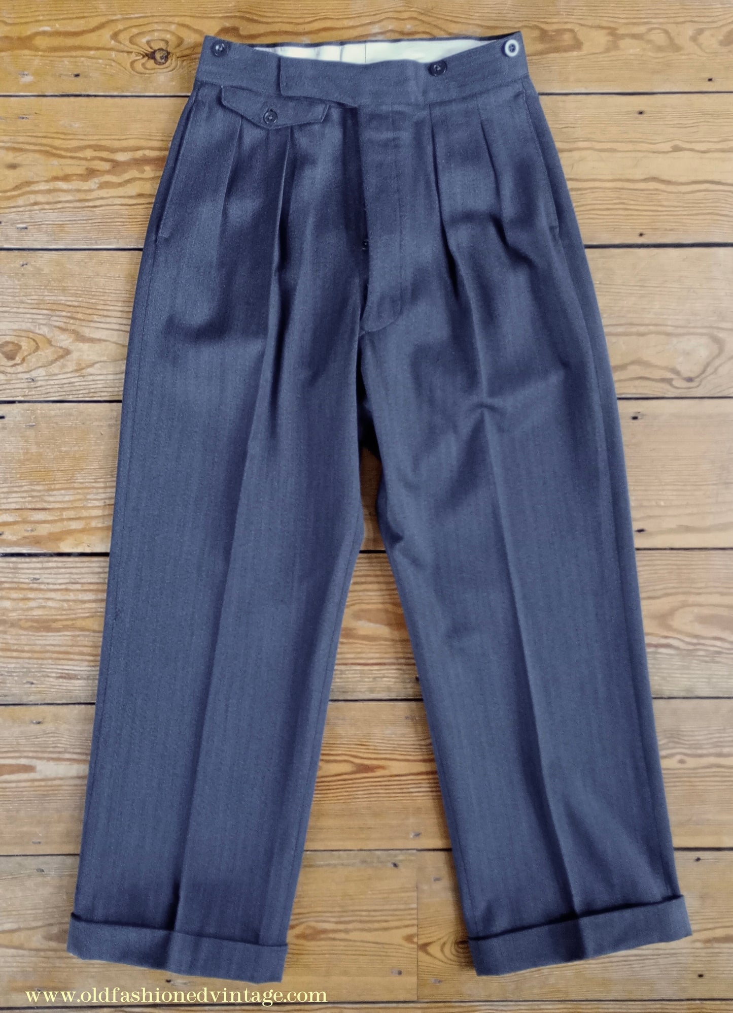 Vintage Mens 1940s 1950s Double Breasted Suit Slate Grey Herringbone Wool 36"