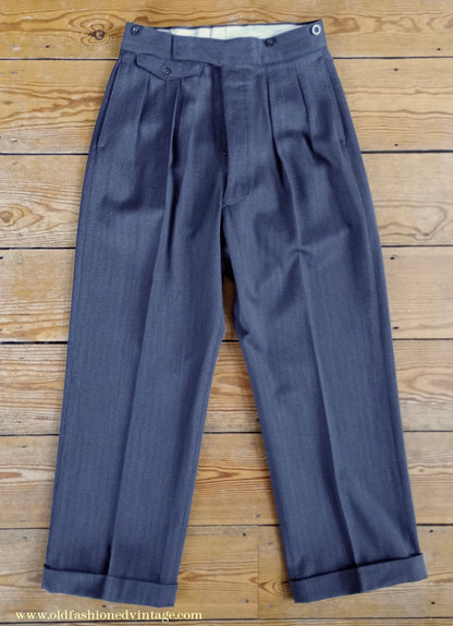 Vintage Mens 1940s 1950s Double Breasted Suit Slate Grey Herringbone Wool 36"