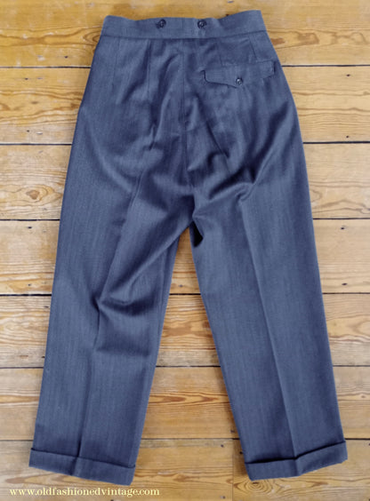 Vintage Mens 1940s 1950s Double Breasted Suit Slate Grey Herringbone Wool 36"