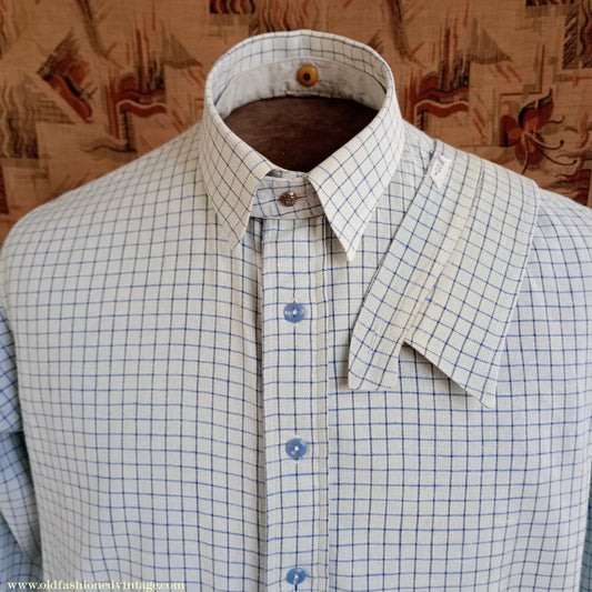 Vintage Mens 1940s Radiac Pullover Collarless Shirt & Collars Blue Check Cotton Work Grandad British Half Placket S
