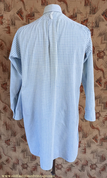 Vintage Mens 1940s Radiac Pullover Collarless Shirt & Collars Blue Check Cotton Work Grandad British Half Placket S