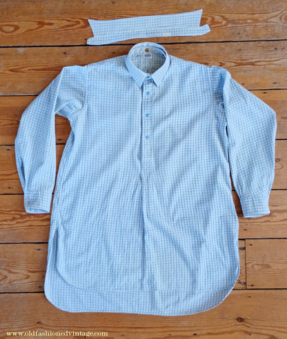 Vintage Mens 1940s Radiac Pullover Collarless Shirt & Collars Blue Check Cotton Work Grandad British Half Placket S