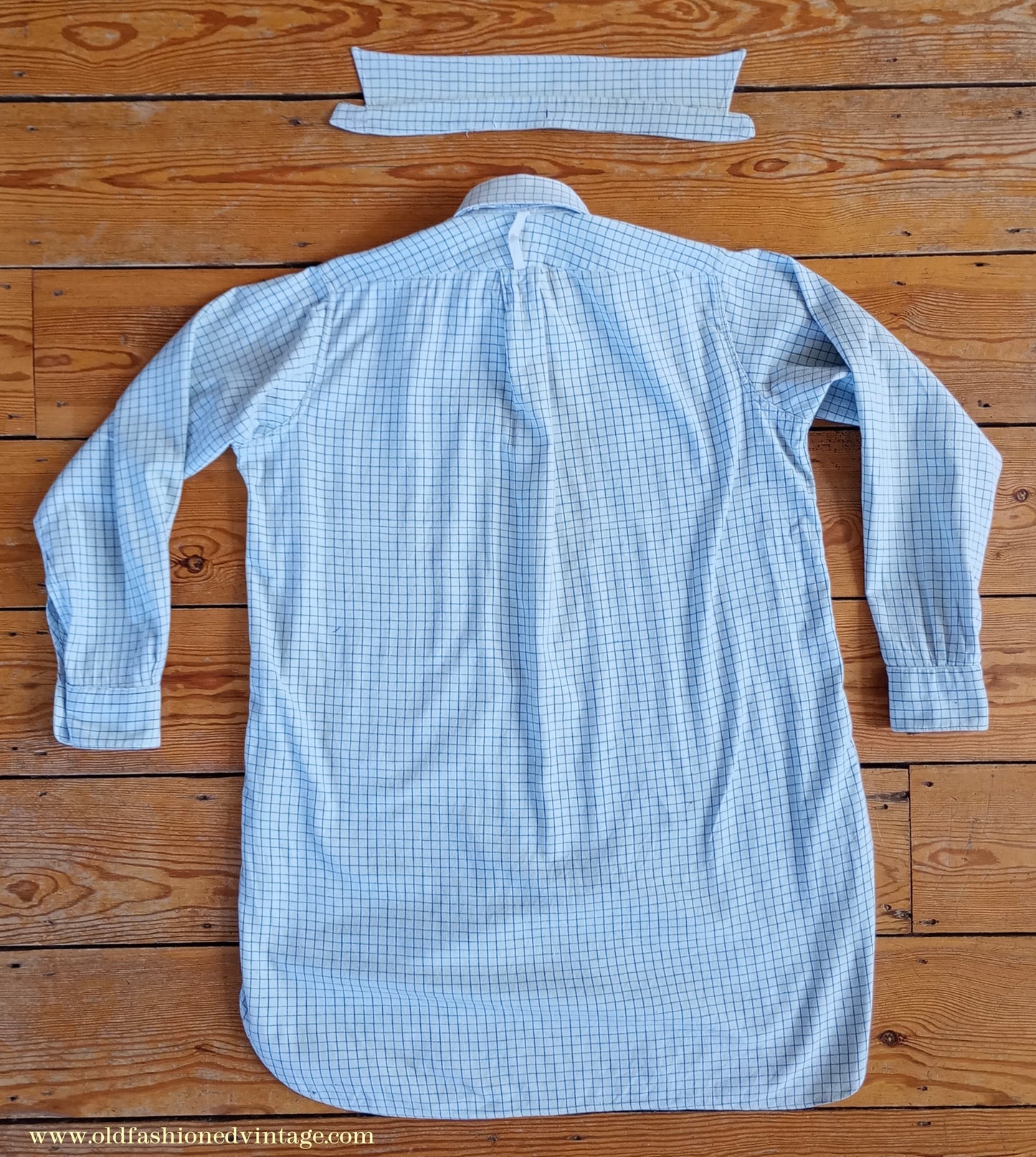 Vintage Mens 1940s Radiac Pullover Collarless Shirt & Collars Blue Check Cotton Work Grandad British Half Placket S