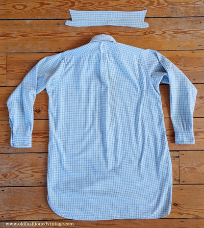 Vintage Mens 1940s Radiac Pullover Collarless Shirt & Collars Blue Check Cotton Work Grandad British Half Placket S