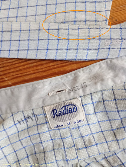 Vintage Mens 1940s Radiac Pullover Collarless Shirt & Collars Blue Check Cotton Work Grandad British Half Placket S