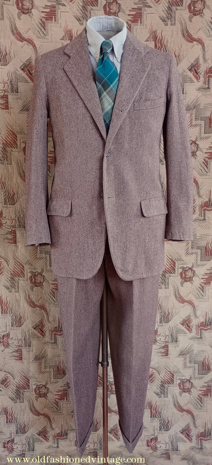 Vintage Mens 1950s American Tweed Suit Ivy Style 3/2 Roll Brown Herringbone Sack Jacket 36"
