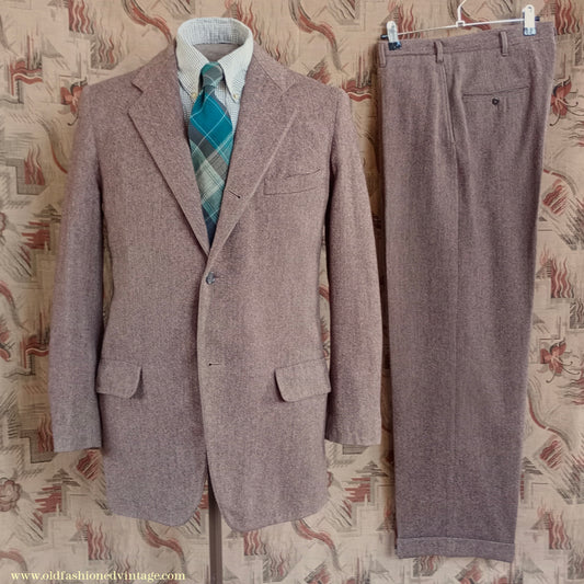 Vintage Mens 1950s American Tweed Suit Ivy Style 3/2 Roll Brown Herringbone Sack Jacket 36"
