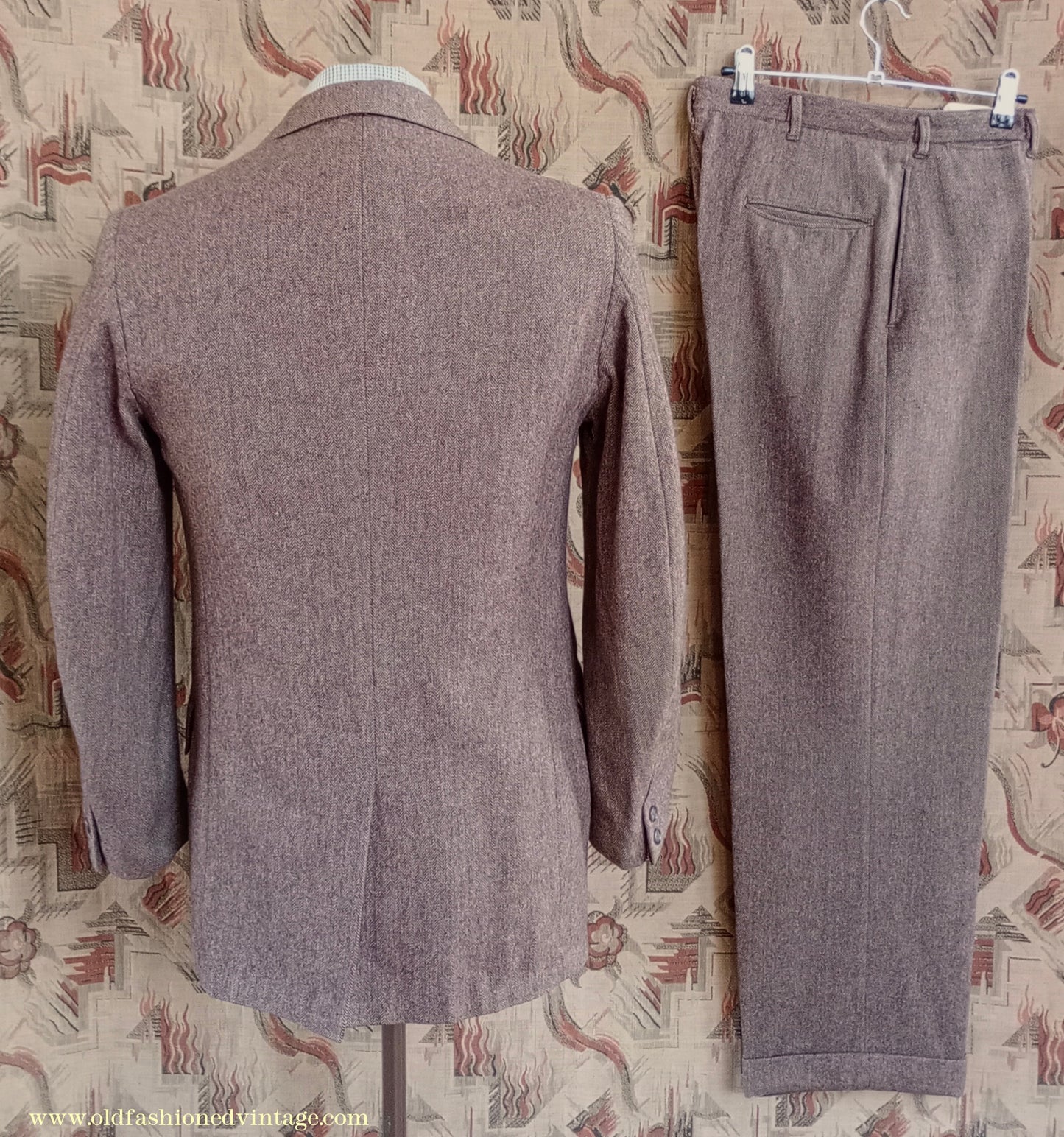 Vintage Mens 1950s American Tweed Suit Ivy Style 3/2 Roll Brown Herringbone Sack Jacket 36"