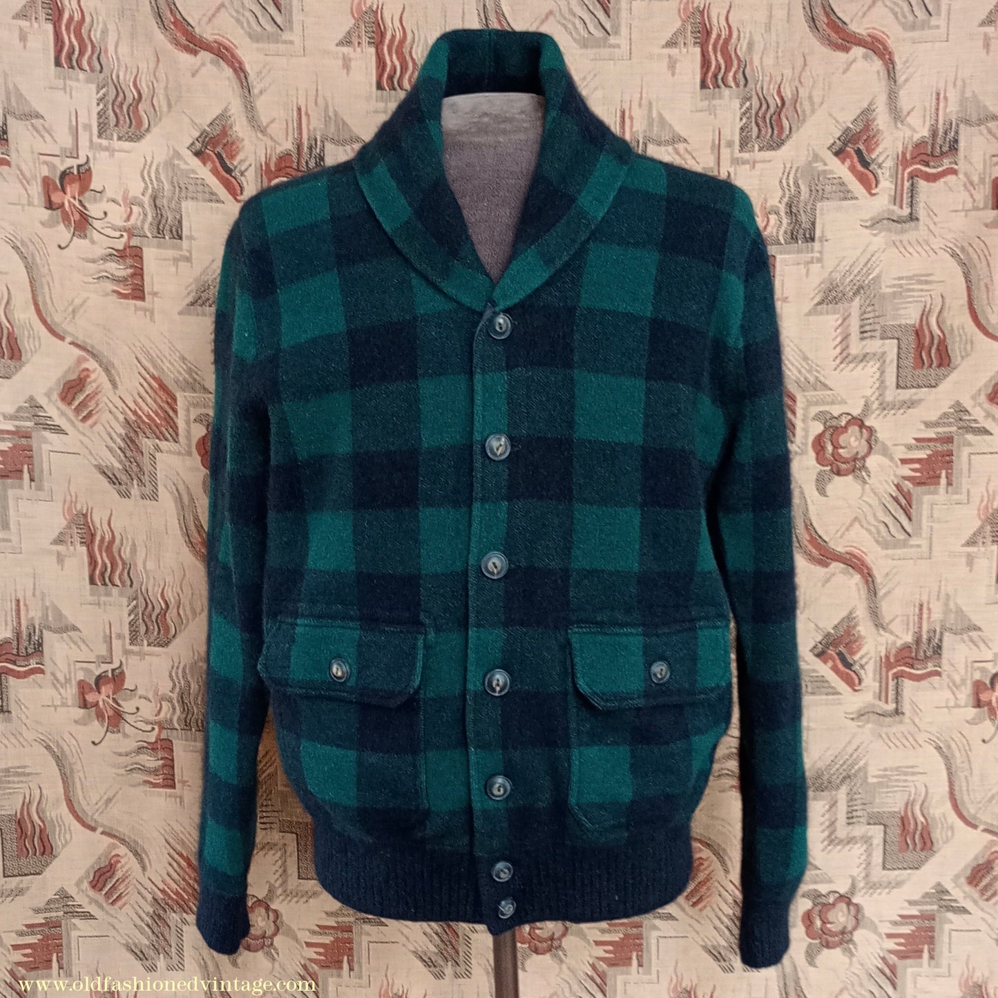 Mens Polo Ralph Lauren Shawl Collar Cardigan Sweater Jacket Green Black Buffalo Plaid Check 1930s Vintage Style M