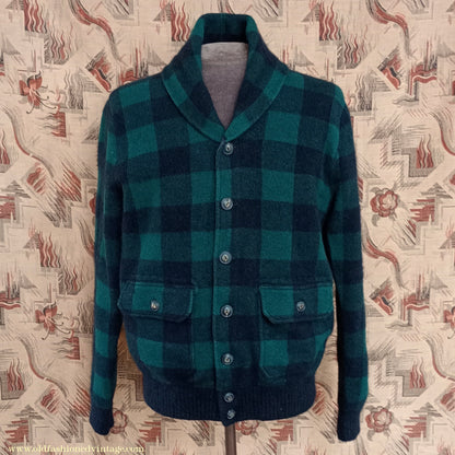 Mens Polo Ralph Lauren Shawl Collar Cardigan Sweater Jacket Green Black Buffalo Plaid Check 1930s Vintage Style M