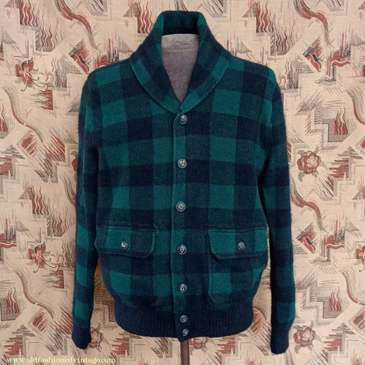 Mens Polo Ralph Lauren Shawl Collar Cardigan Sweater Jacket Green Black Buffalo Plaid Check 1930s Vintage Style M