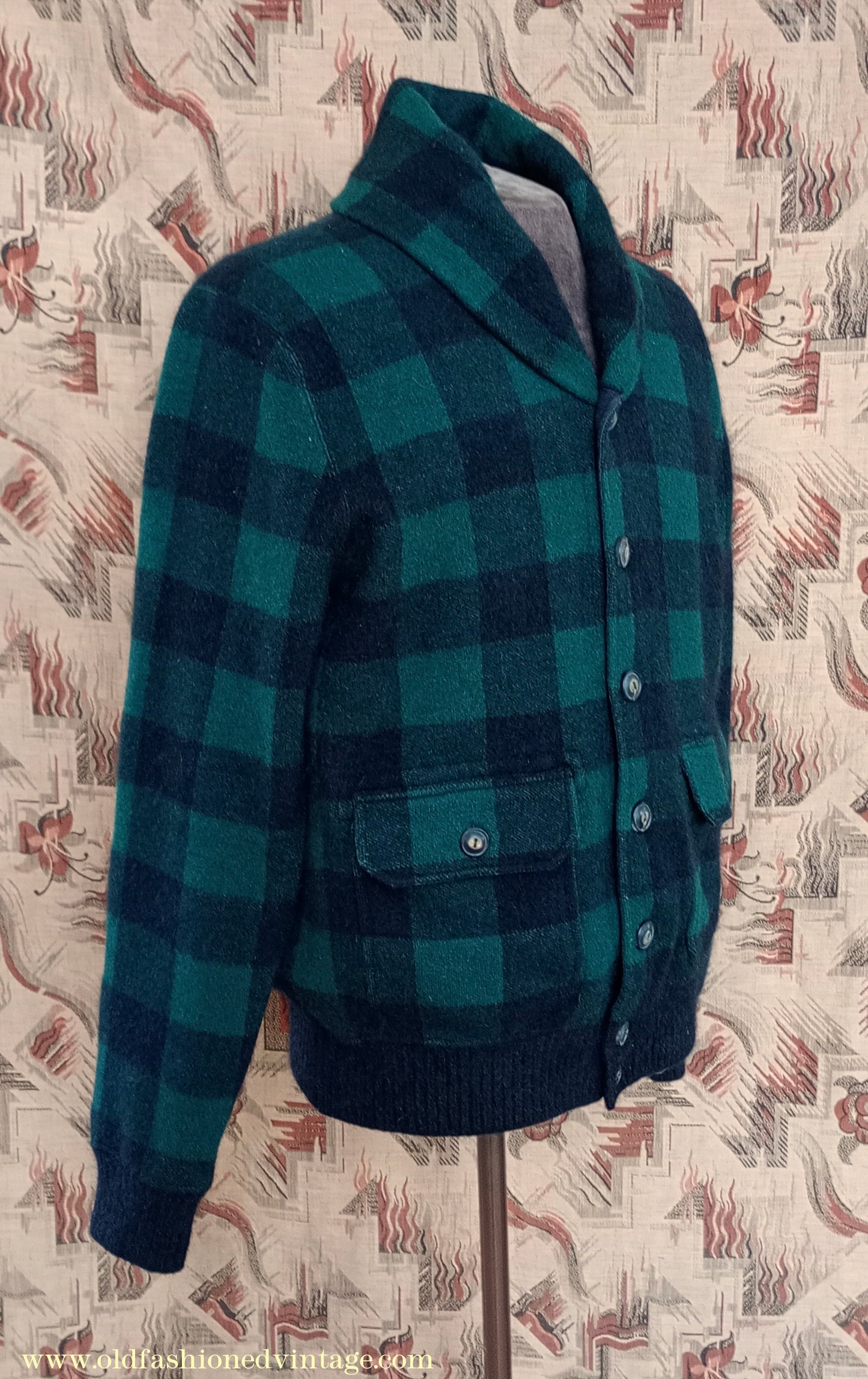 Mens Polo Ralph Lauren Shawl Collar Cardigan Sweater Jacket Green Black Buffalo Plaid Check 1930s Vintage Style M