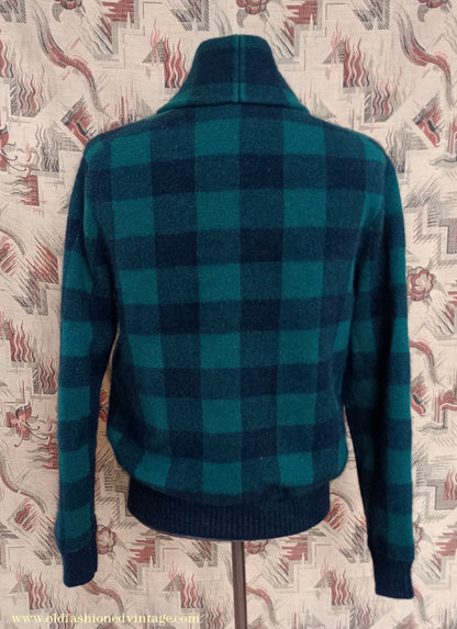 Mens Polo Ralph Lauren Shawl Collar Cardigan Sweater Jacket Green Black Buffalo Plaid Check 1930s Vintage Style M