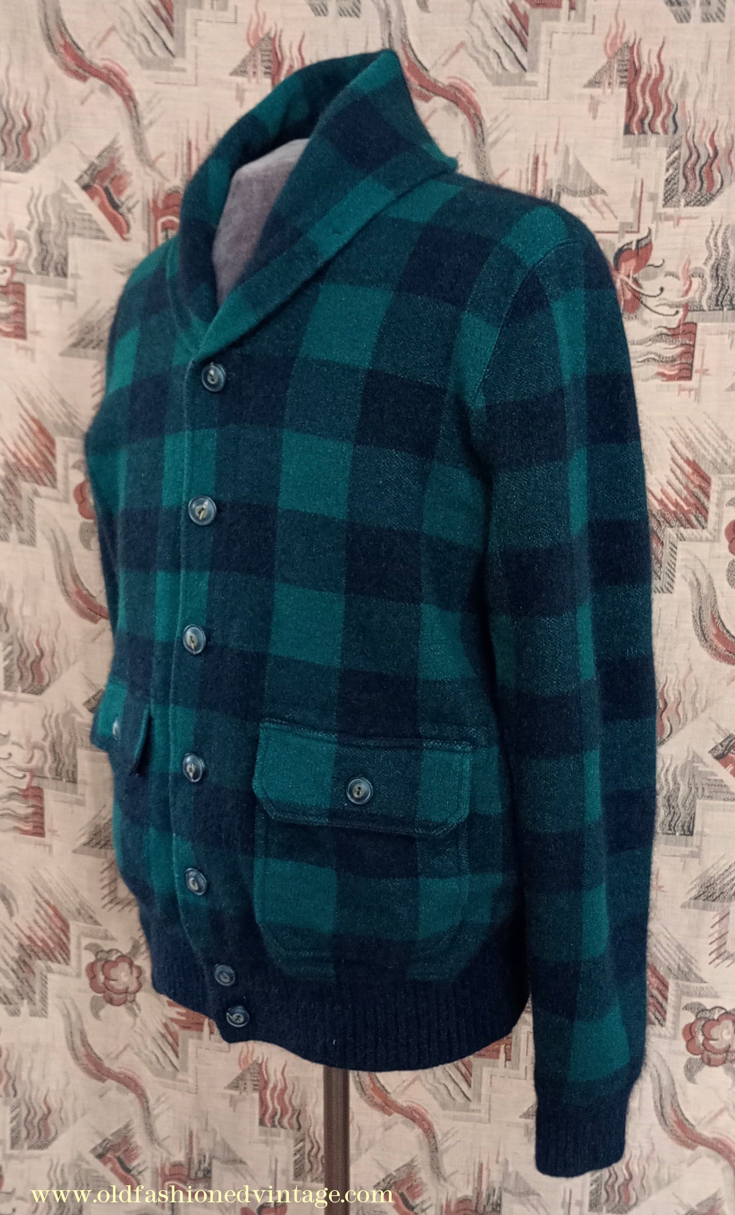 Mens Polo Ralph Lauren Shawl Collar Cardigan Sweater Jacket Green Black Buffalo Plaid Check 1930s Vintage Style M