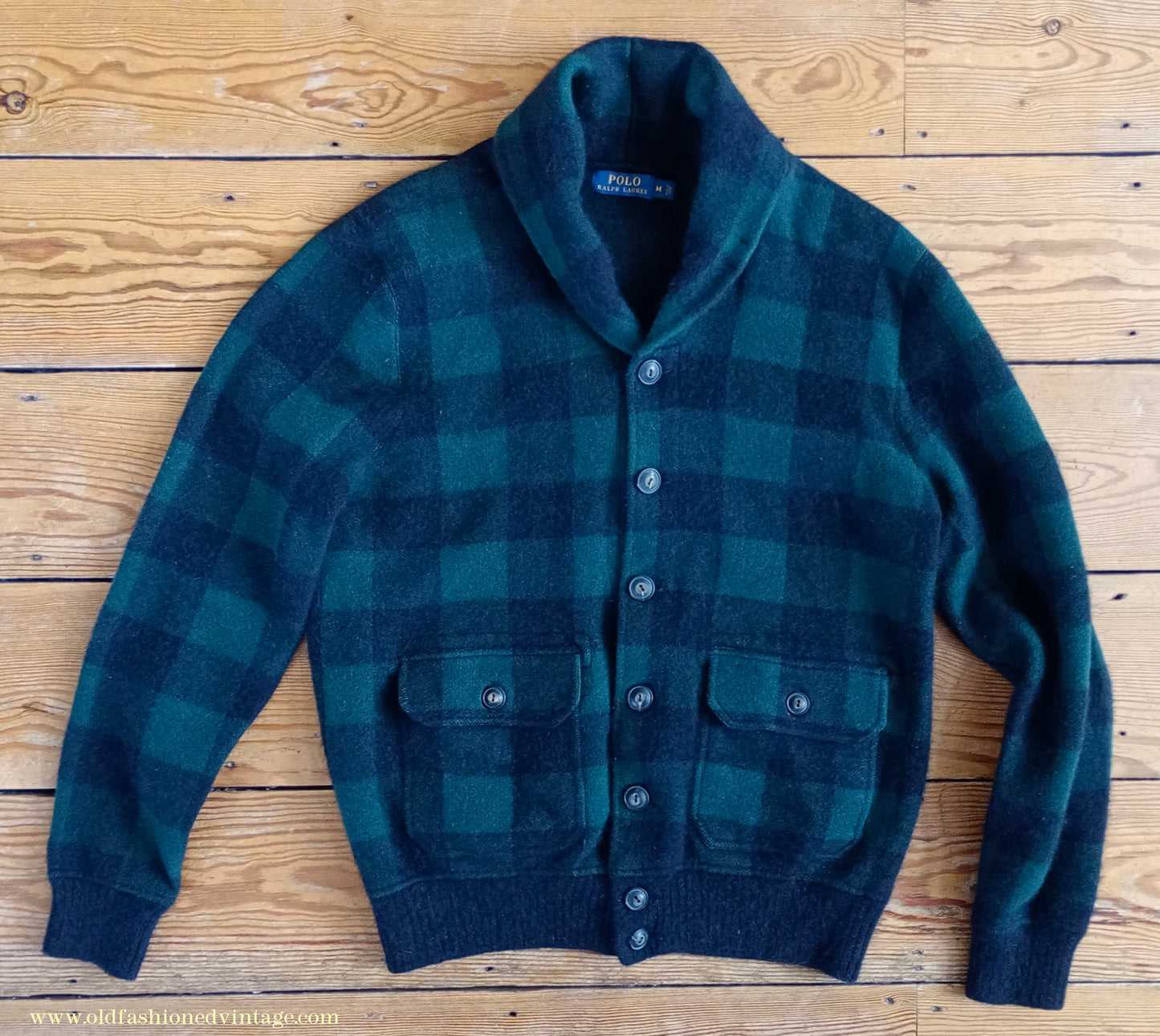 Mens Polo Ralph Lauren Shawl Collar Cardigan Sweater Jacket Green Black Buffalo Plaid Check 1930s Vintage Style M