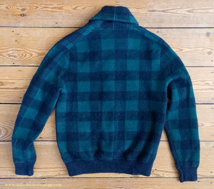 Mens Polo Ralph Lauren Shawl Collar Cardigan Sweater Jacket Green Black Buffalo Plaid Check 1930s Vintage Style M