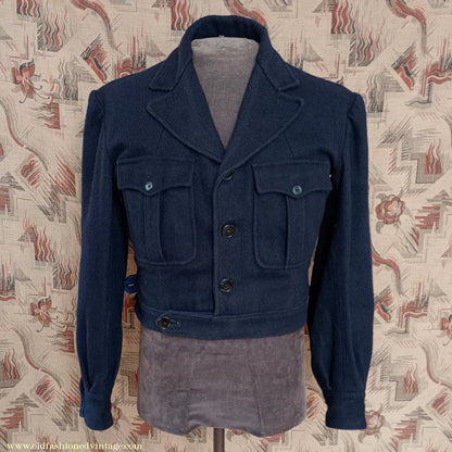 Vintage Mens 1940s French Blouson Civilianised Military Battledress Jacket Navy Blue Wool 36"