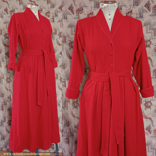Vintage 1950s Housecoat Dressing Gown Red Wool Robe Zip & Button Front 1940s UK S