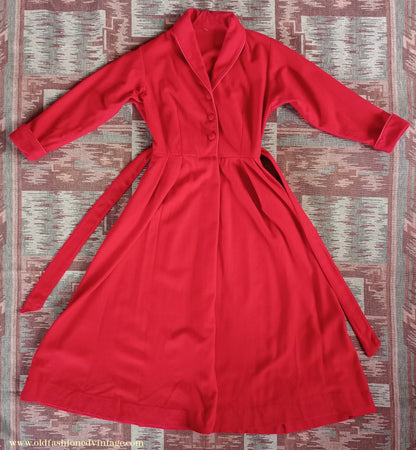 Vintage 1950s Housecoat Dressing Gown Red Wool Robe Zip & Button Front 1940s UK S