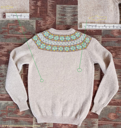 Original Vintage 1950s Knitted Sweater Oatmeal Fair Isle Argyle Diamond Yoke Jumper UK S