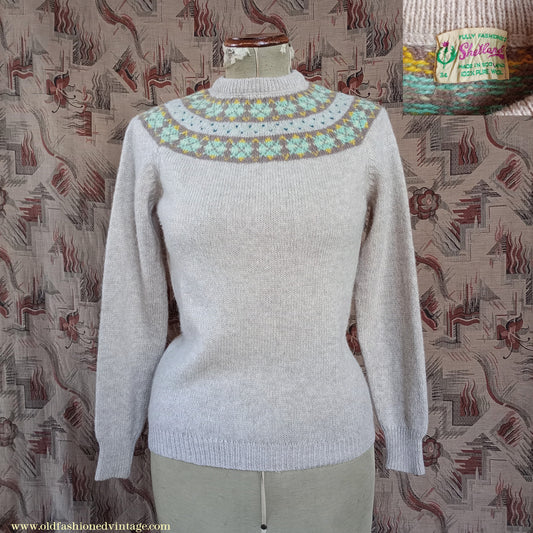 Original Vintage 1950s Knitted Sweater Oatmeal Fair Isle Argyle Diamond Yoke Jumper UK S