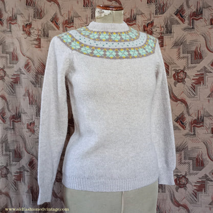 Original Vintage 1950s Knitted Sweater Oatmeal Fair Isle Argyle Diamond Yoke Jumper UK S