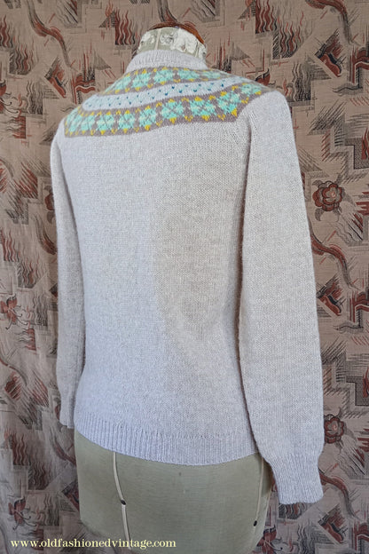 Original Vintage 1950s Knitted Sweater Oatmeal Fair Isle Argyle Diamond Yoke Jumper UK S