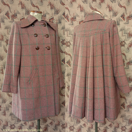 RARE 1940s Checked Swagger Swing Jacket Brown Green Checked Tweed Wool Coat UK S/M