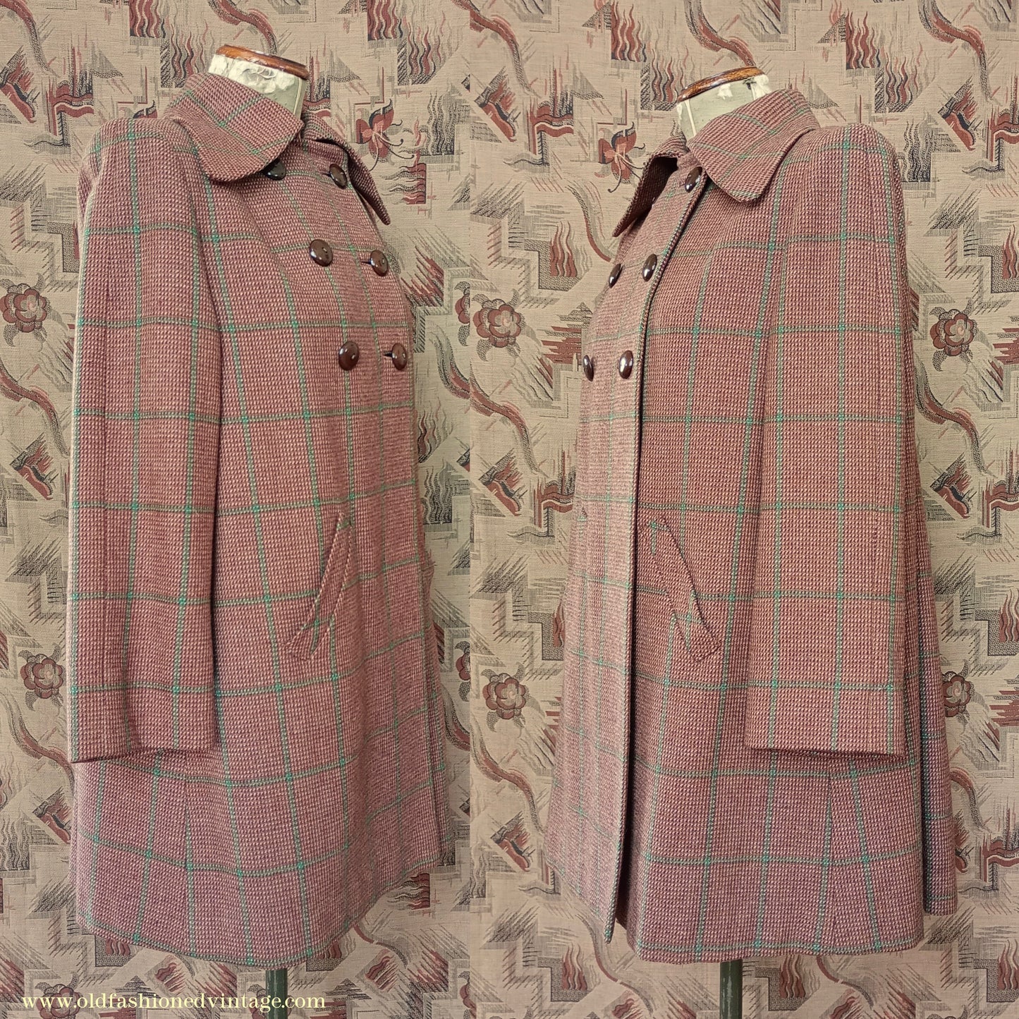 RARE 1940s Checked Swagger Swing Jacket Brown Green Checked Tweed Wool Coat UK S/M