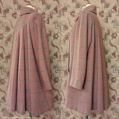 RARE 1940s Checked Swagger Swing Jacket Brown Green Checked Tweed Wool Coat UK S/M