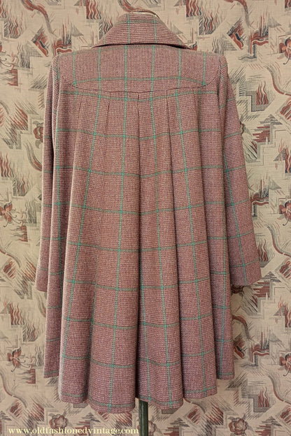 RARE 1940s Checked Swagger Swing Jacket Brown Green Checked Tweed Wool Coat UK S/M