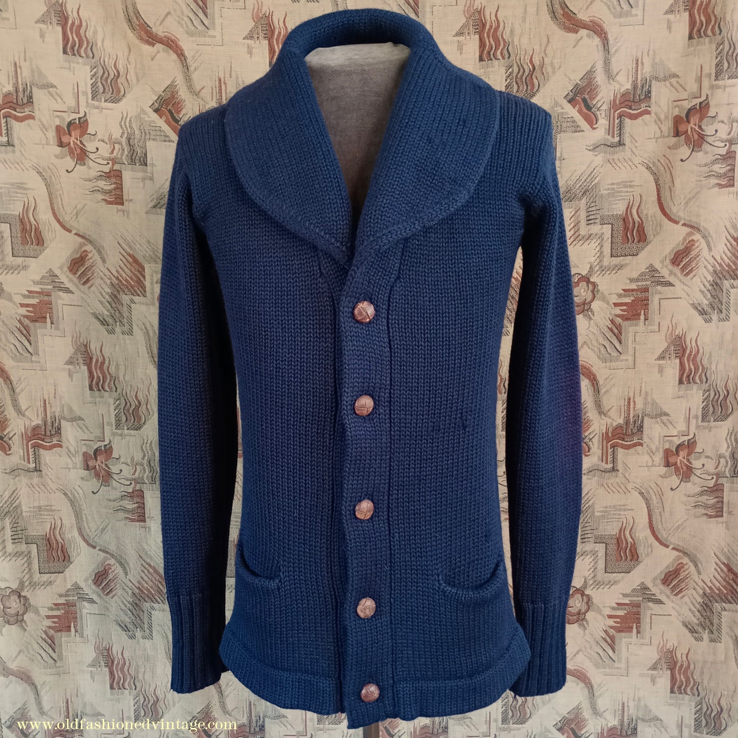 Vintage Mens 1930s 1940s Shawl Collar Cardigan Sweater Navy Blue Knit Knitted Wool Jacket S